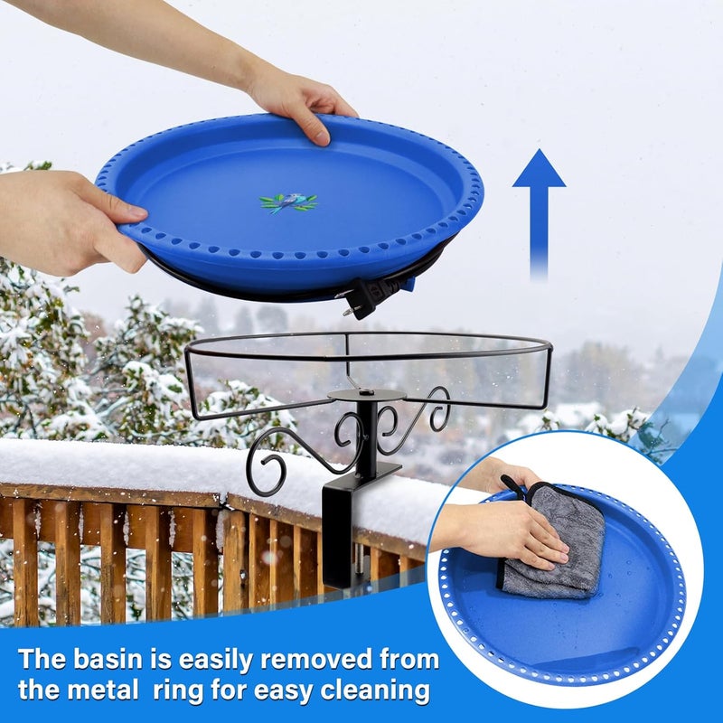 Lovppy Heated Bird Baths for Outdoors for Winter, 100W Heated Bird Bath Water Heater with Thermostatically Controlled, Heated Bird Bath for Deck Railing Outside Garden Patio Yard (Blue) - Image 2